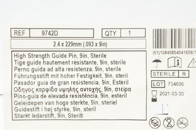 ConMed 9742D High Strength Guide Pin, Sterile .093 x 9 inch (x)